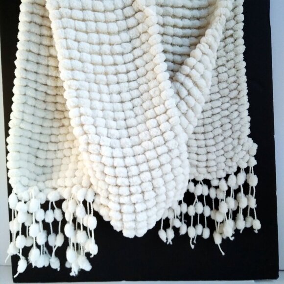 White Chenille Scarf with Long, Fringe of Pom Poms, Soft, Cuddly, & Very Warm - Picture 4 of 4